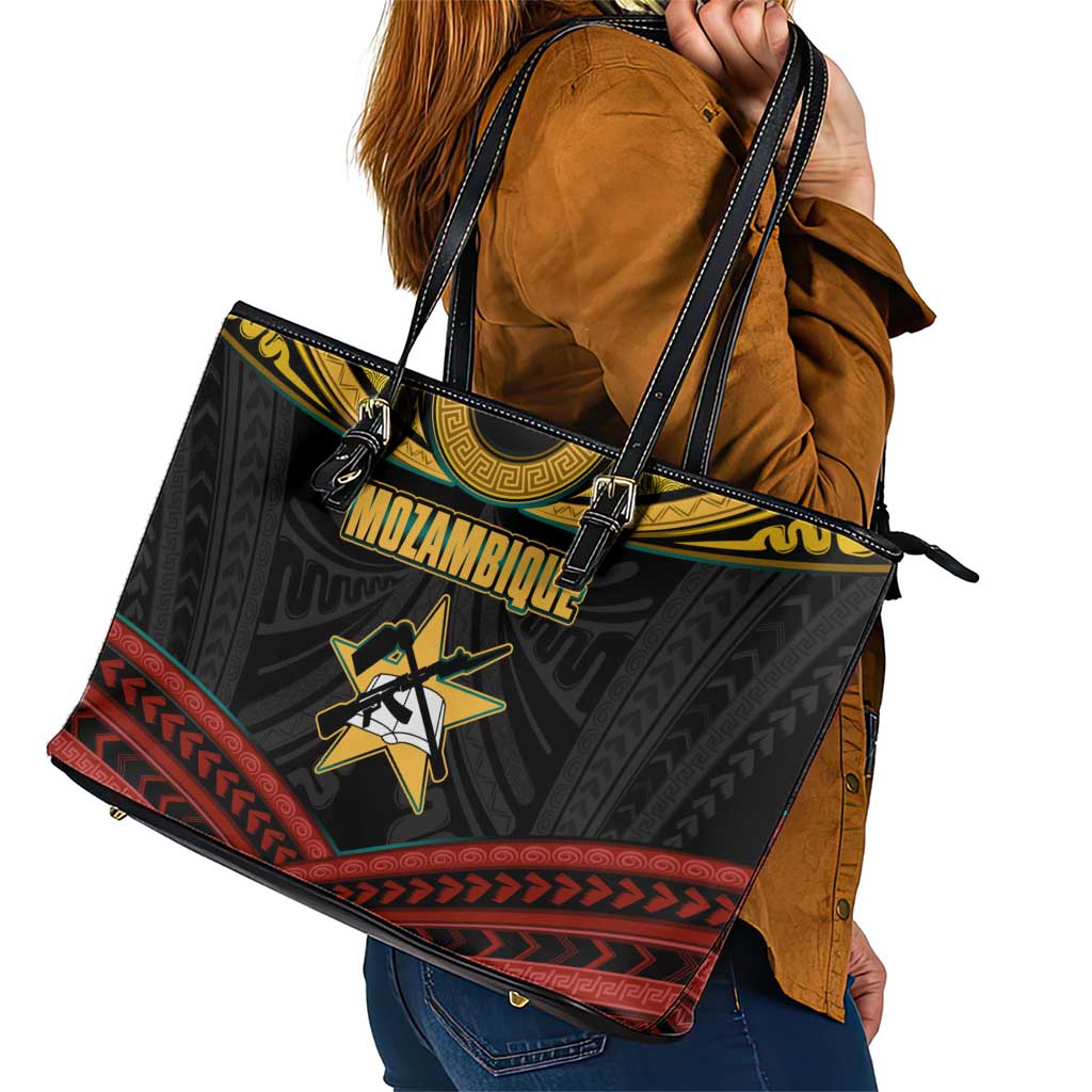 Mozambique Leather Tote Bag with Black Red Tribal Design and National Map Pattern - Wonder Print Shop