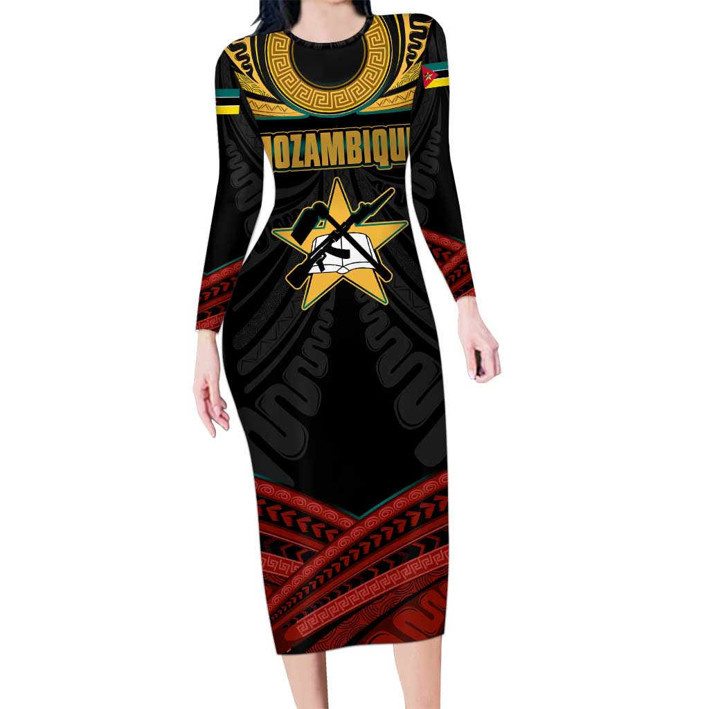 Mozambique Long Sleeve Bodycon Dress with Black Red Tribal Design and National Map Pattern - Wonder Print Shop