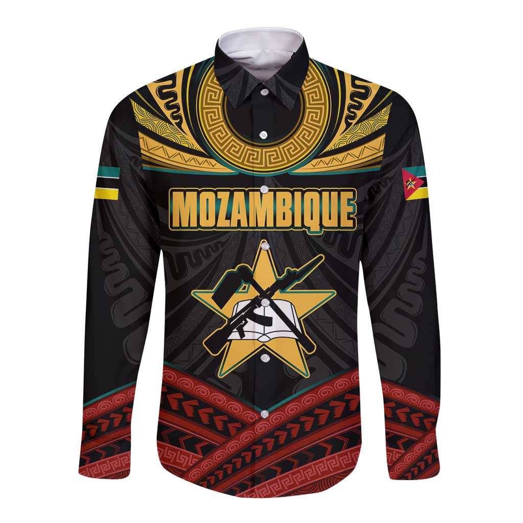 Mozambique Long Sleeve Button Shirt with Black Red Tribal Design and National Map Pattern - Wonder Print Shop