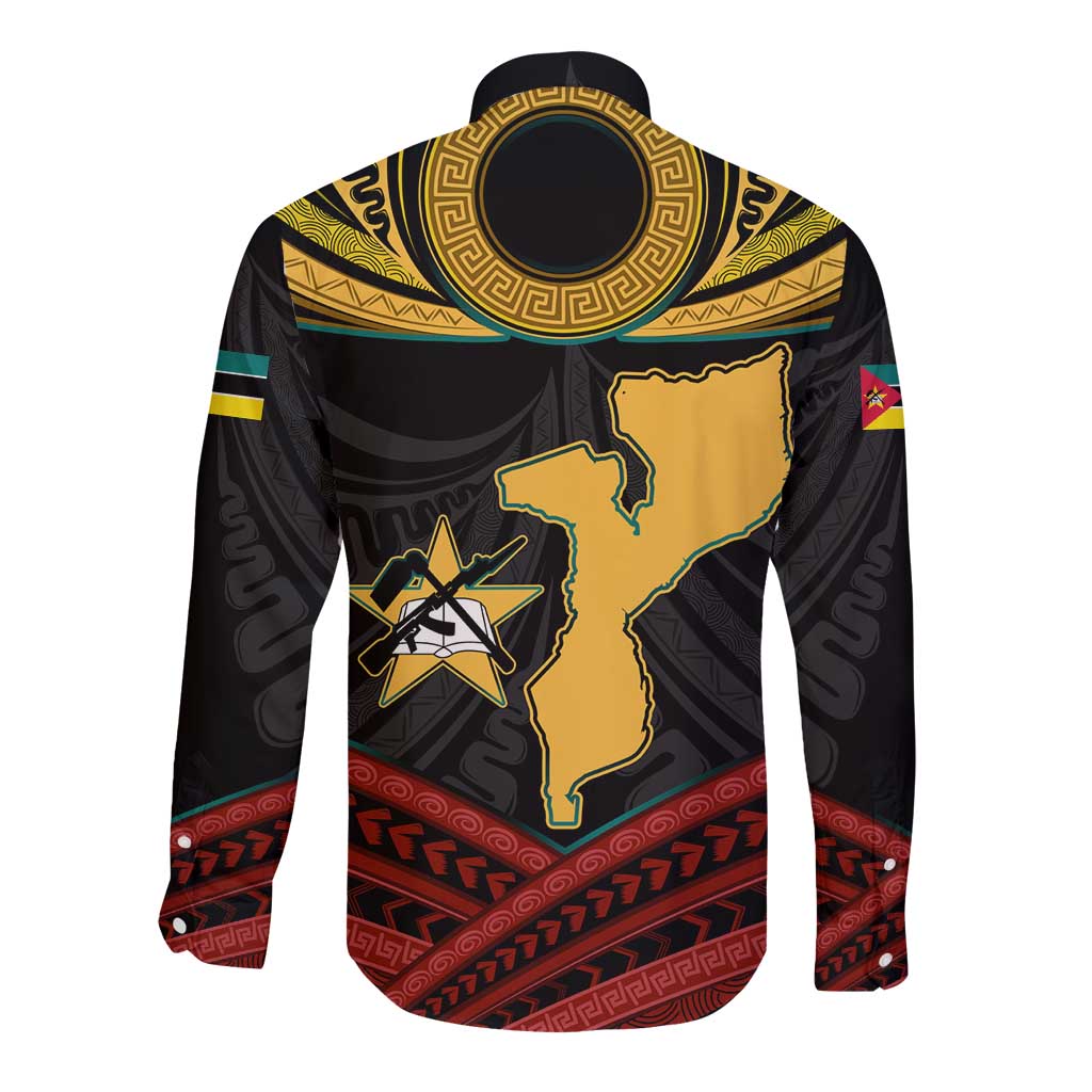 Mozambique Long Sleeve Button Shirt with Black Red Tribal Design and National Map Pattern - Wonder Print Shop