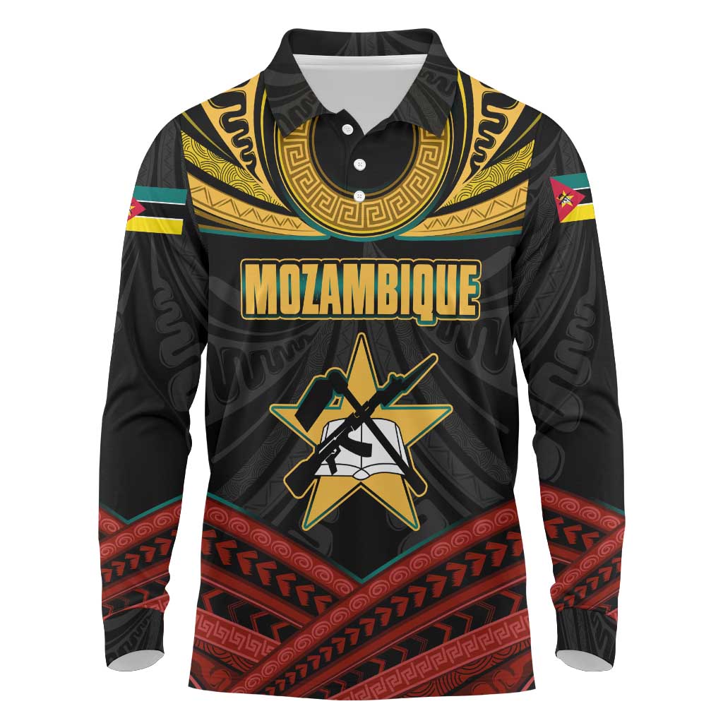 Mozambique Long Sleeve Polo Shirt with Black Red Tribal Design and National Map Pattern - Wonder Print Shop
