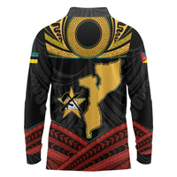 Mozambique Long Sleeve Polo Shirt with Black Red Tribal Design and National Map Pattern - Wonder Print Shop