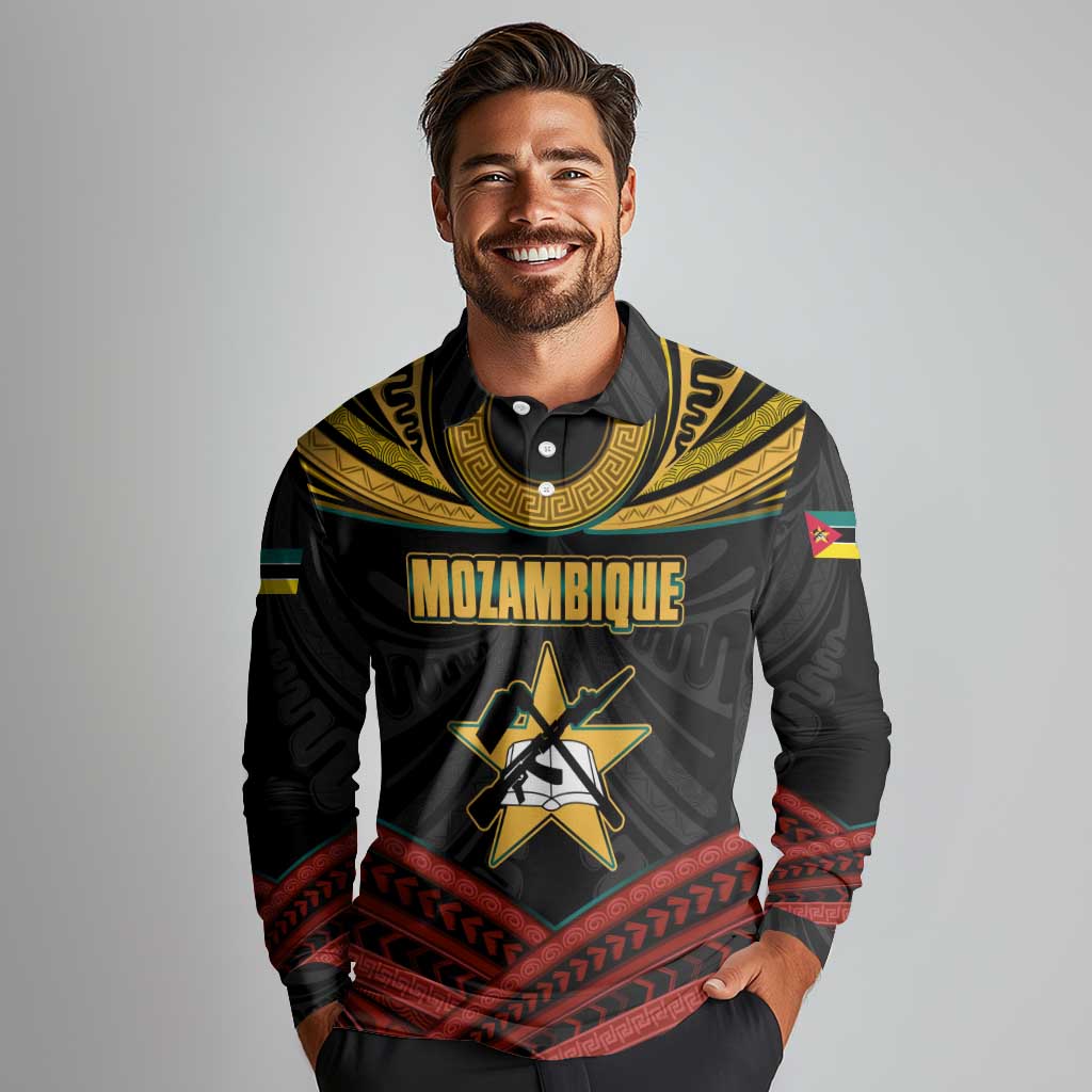 Mozambique Long Sleeve Polo Shirt with Black Red Tribal Design and National Map Pattern - Wonder Print Shop