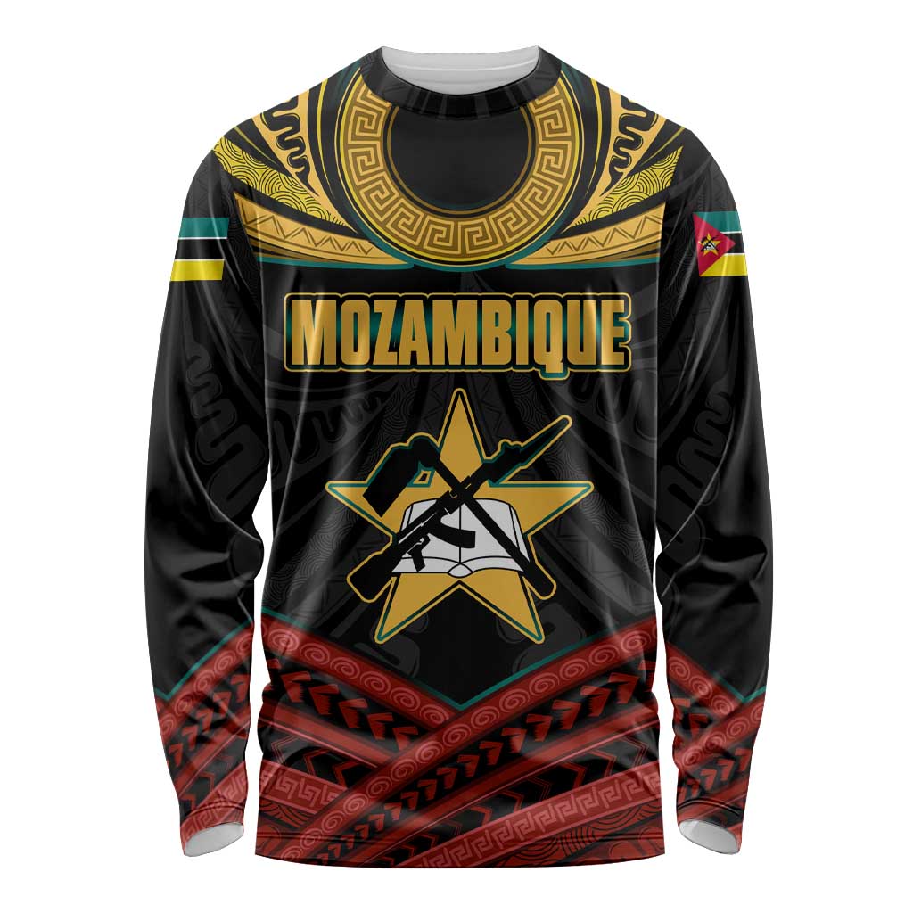 Mozambique Long Sleeve Shirt with Black Red Tribal Design and National Map Pattern - Wonder Print Shop
