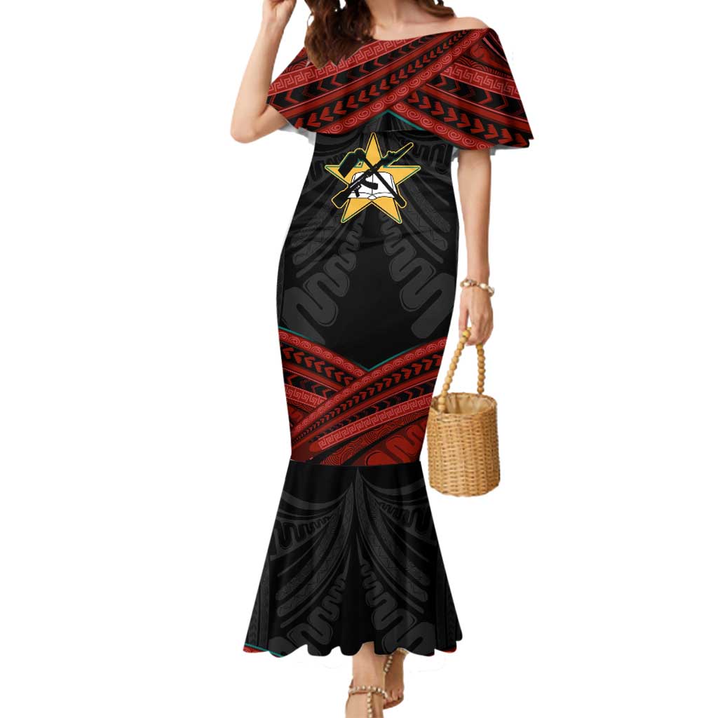 Mozambique Mermaid Dress with Black Red Tribal Design and National Map Pattern - Wonder Print Shop