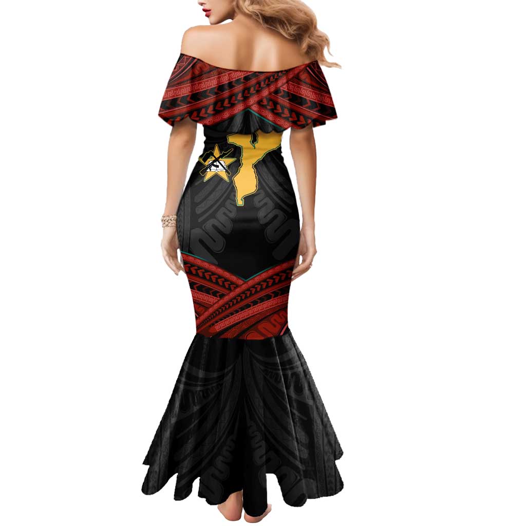Mozambique Mermaid Dress with Black Red Tribal Design and National Map Pattern - Wonder Print Shop