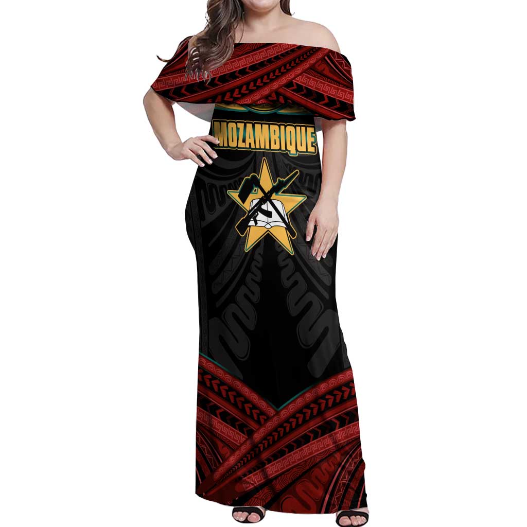 Mozambique Off Shoulder Maxi Dress with Black Red Tribal Design and National Map Pattern - Wonder Print Shop