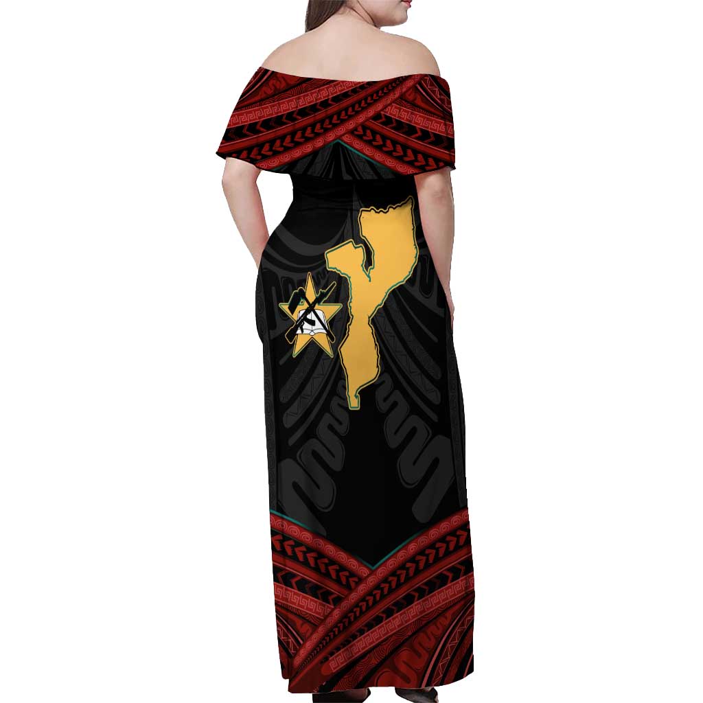 Mozambique Off Shoulder Maxi Dress with Black Red Tribal Design and National Map Pattern - Wonder Print Shop