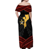 Mozambique Off Shoulder Maxi Dress with Black Red Tribal Design and National Map Pattern - Wonder Print Shop
