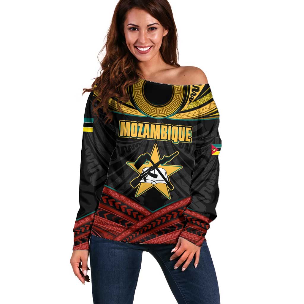 Mozambique Off Shoulder Sweater with Black Red Tribal Design and National Map Pattern - Wonder Print Shop