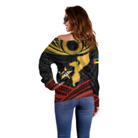 Mozambique Off Shoulder Sweater with Black Red Tribal Design and National Map Pattern - Wonder Print Shop