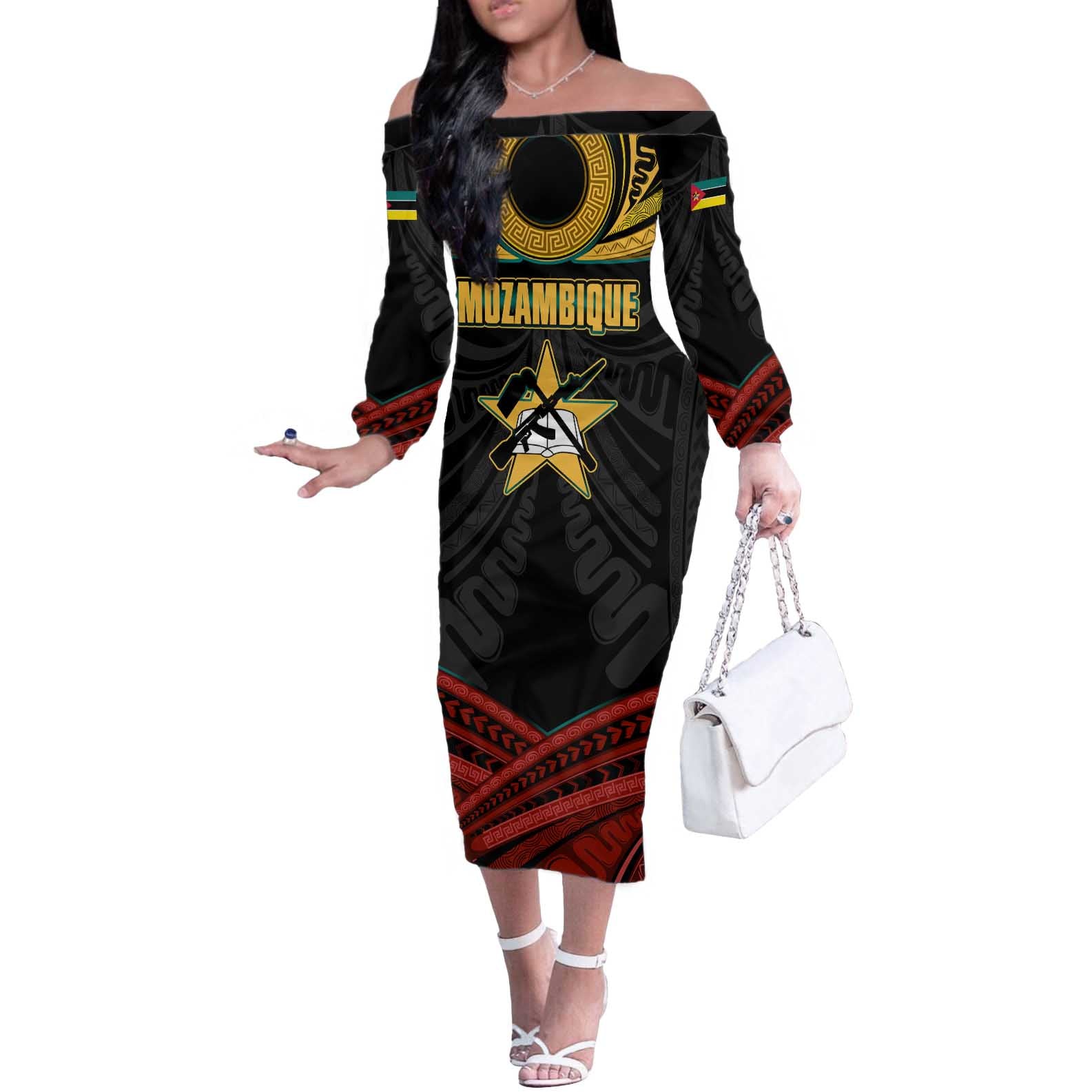 Mozambique Off The Shoulder Long Sleeve Dress with Black Red Tribal Design and National Map Pattern - Wonder Print Shop
