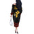 Mozambique Off The Shoulder Long Sleeve Dress with Black Red Tribal Design and National Map Pattern - Wonder Print Shop