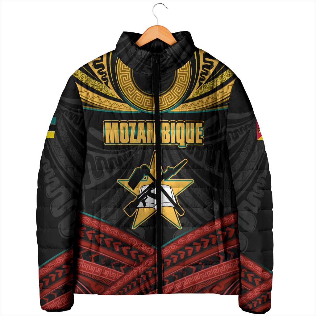 Mozambique Padded Jacket with Black Red Tribal Design and National Map Pattern - Wonder Print Shop