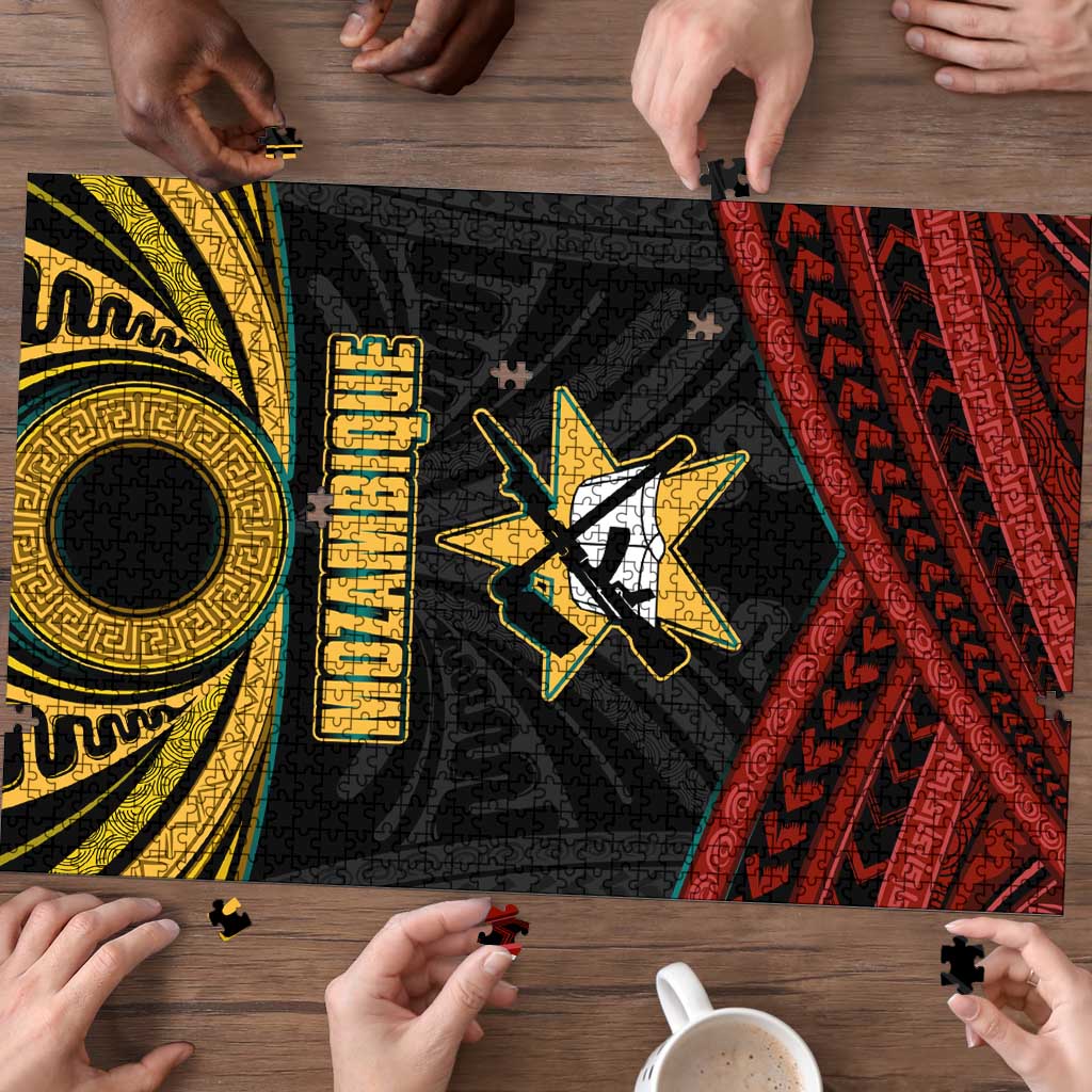 Mozambique Puzzle with Black Red Tribal Design and National Map Pattern - Wonder Print Shop