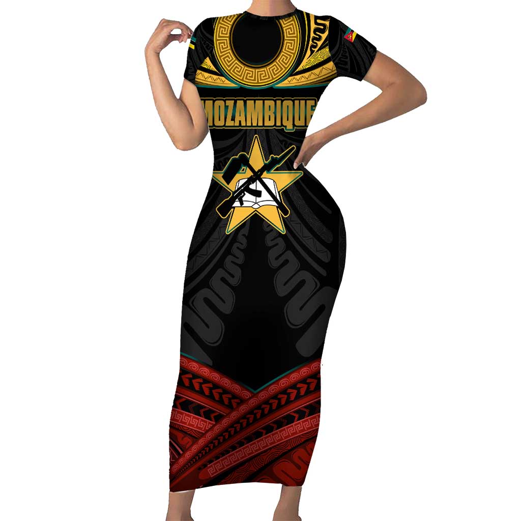 Mozambique Short Sleeve Bodycon Dress with Black Red Tribal Design and National Map Pattern - Wonder Print Shop