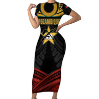 Mozambique Short Sleeve Bodycon Dress with Black Red Tribal Design and National Map Pattern - Wonder Print Shop