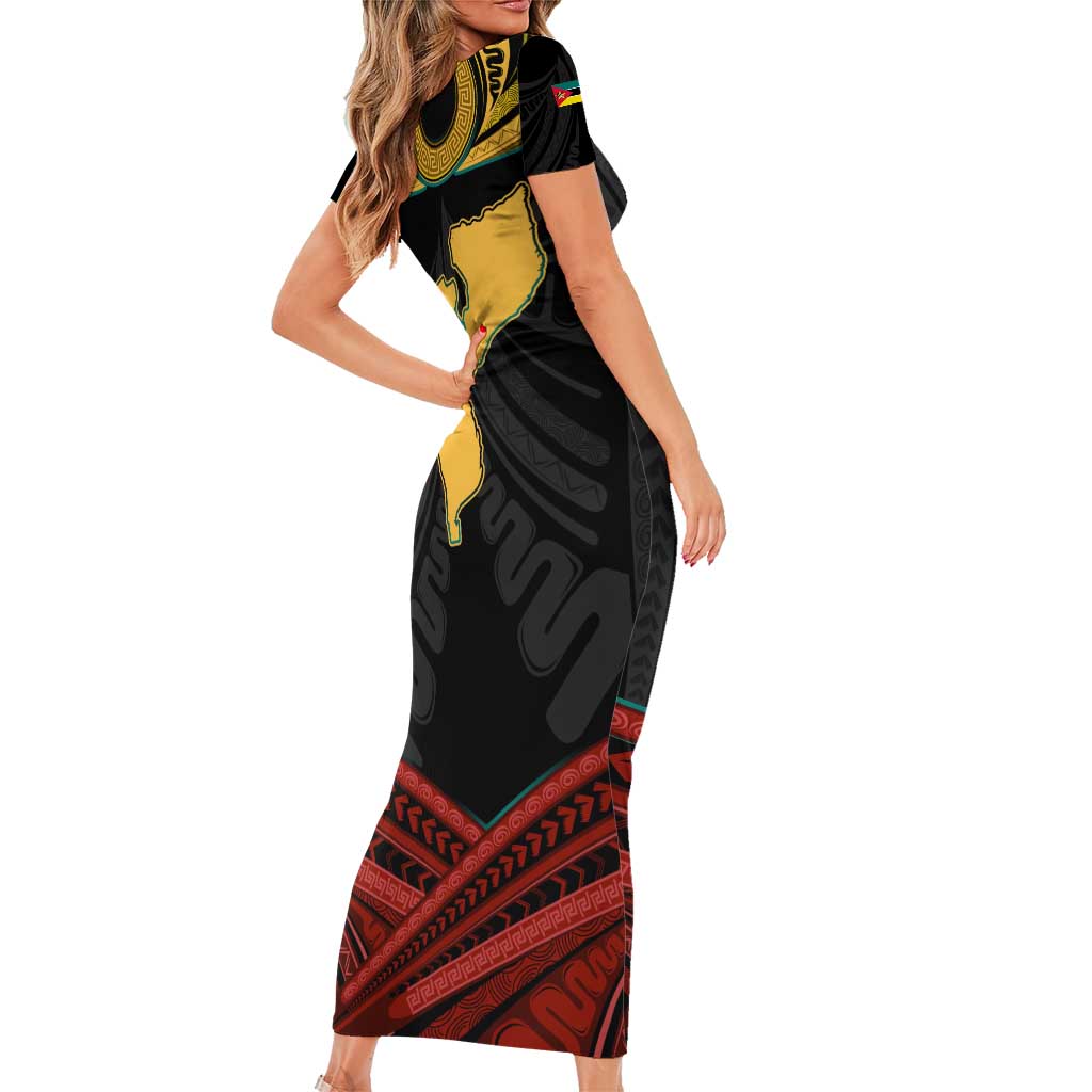 Mozambique Short Sleeve Bodycon Dress with Black Red Tribal Design and National Map Pattern - Wonder Print Shop