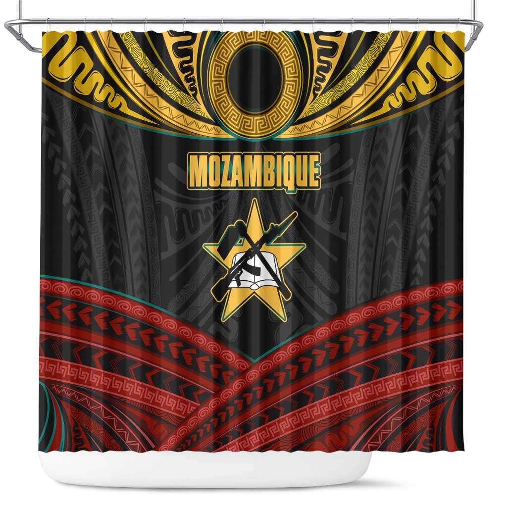 Mozambique Shower Curtain with Black Red Tribal Design and National Map Pattern - Wonder Print Shop