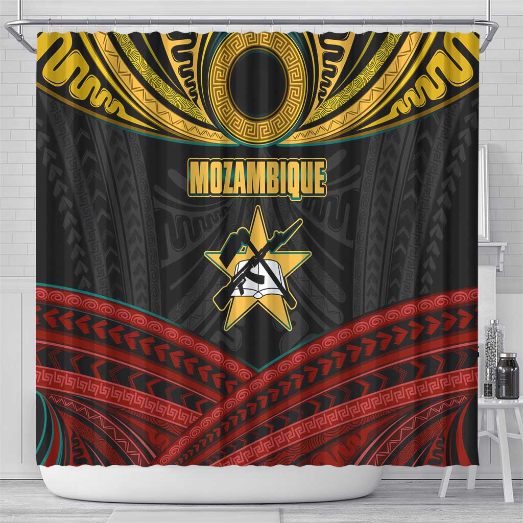 Mozambique Shower Curtain with Black Red Tribal Design and National Map Pattern - Wonder Print Shop