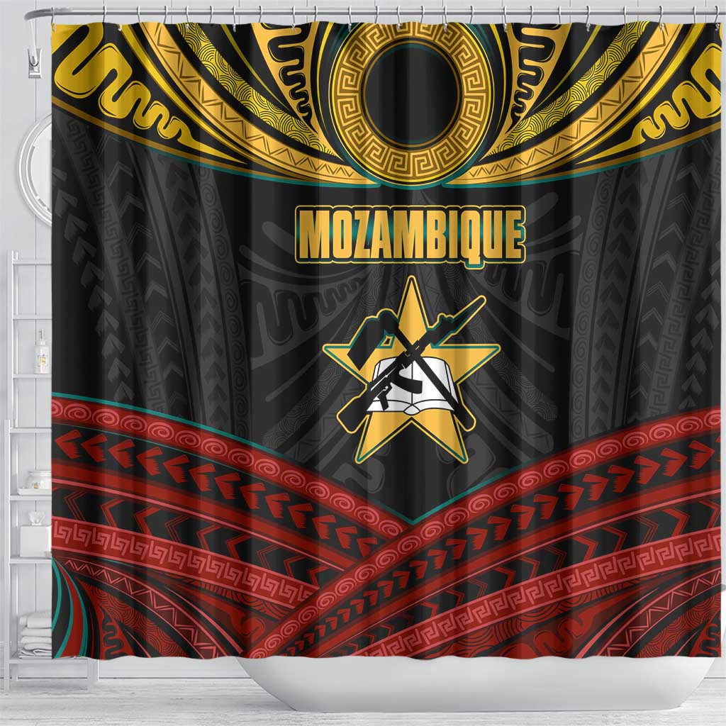 Mozambique Shower Curtain with Black Red Tribal Design and National Map Pattern - Wonder Print Shop