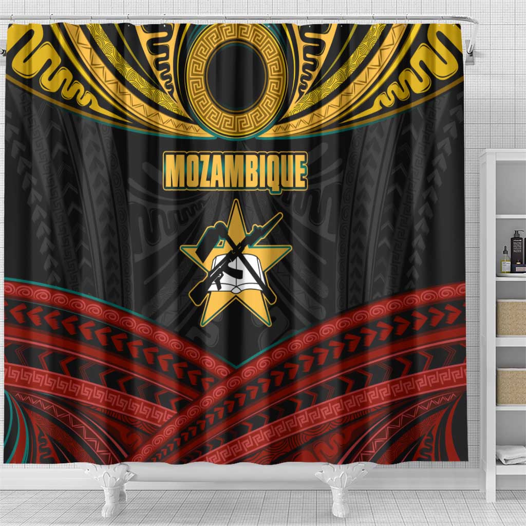 Mozambique Shower Curtain with Black Red Tribal Design and National Map Pattern - Wonder Print Shop