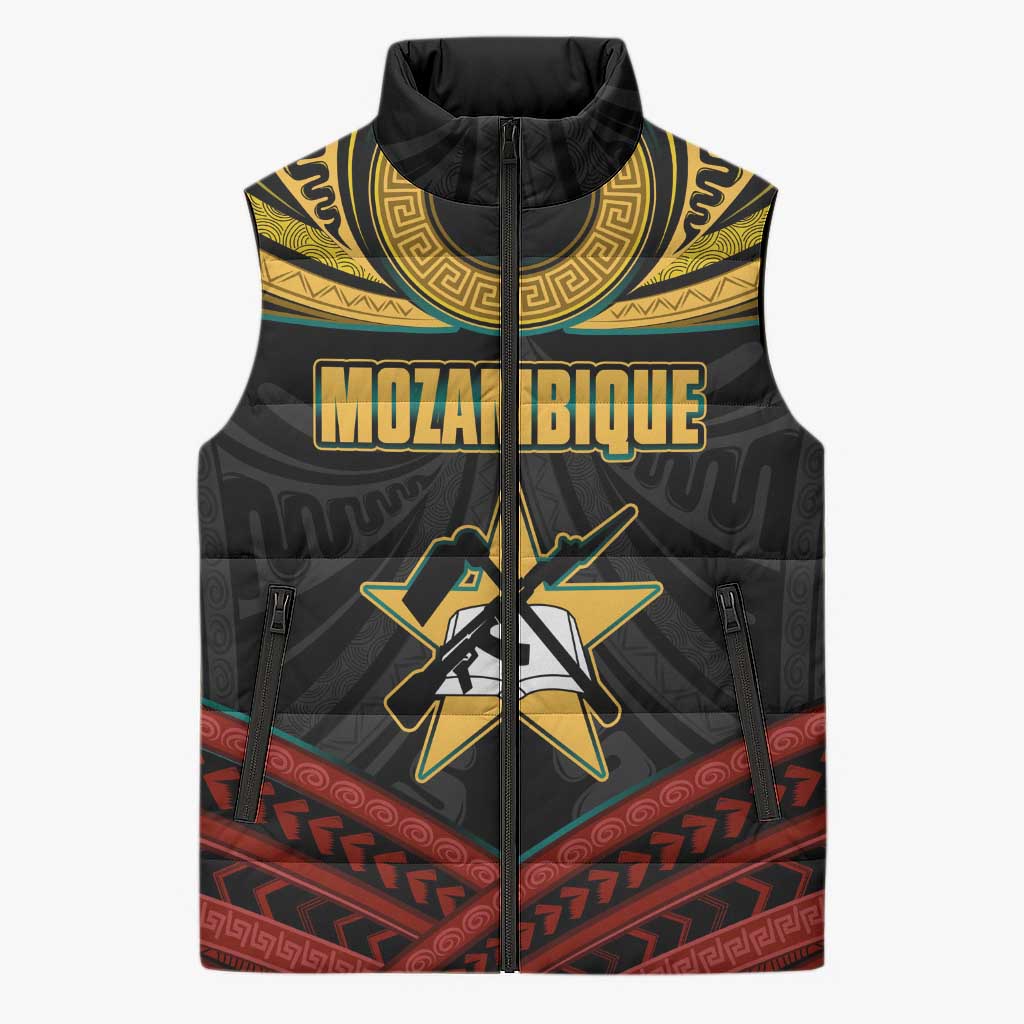 Mozambique Sleeveless Puffer Jacket with Black Red Tribal Design and National Map Pattern - Wonder Print Shop