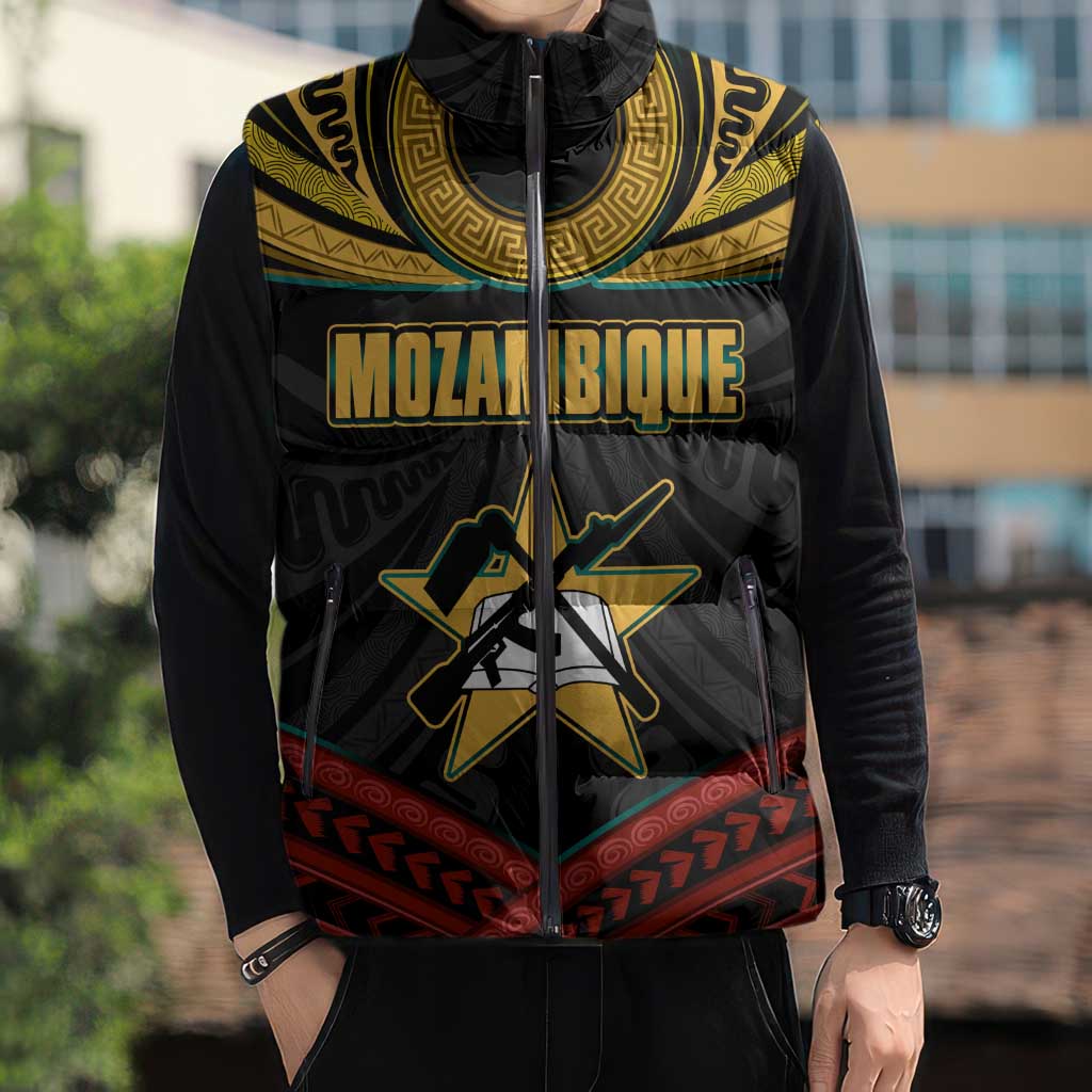 Mozambique Sleeveless Puffer Jacket with Black Red Tribal Design and National Map Pattern - Wonder Print Shop
