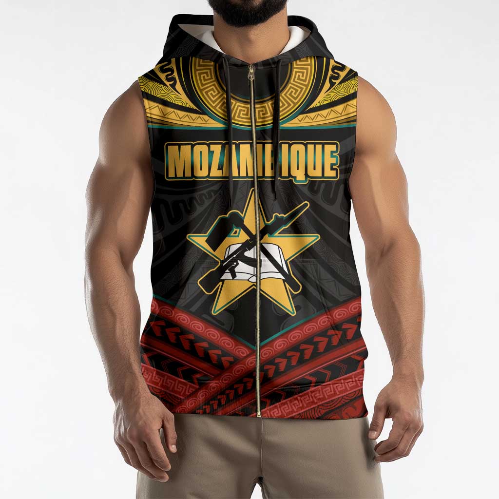 Mozambique Sleeveless Zip Hoodie with Black Red Tribal Design and National Map Pattern - Wonder Print Shop