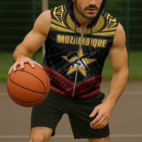 Mozambique Sleeveless Zip Hoodie with Black Red Tribal Design and National Map Pattern - Wonder Print Shop