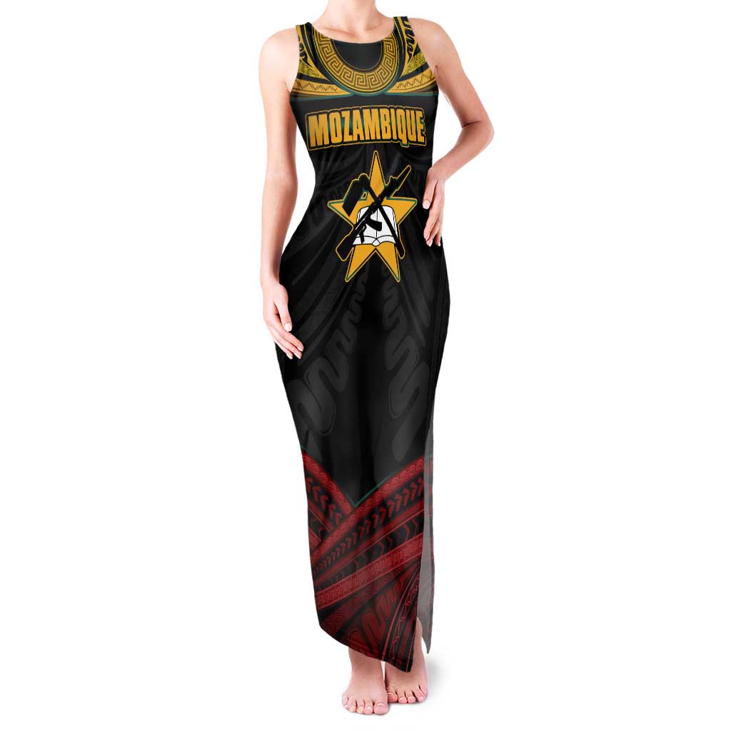 Mozambique Tank Maxi Dress with Black Red Tribal Design and National Map Pattern - Wonder Print Shop