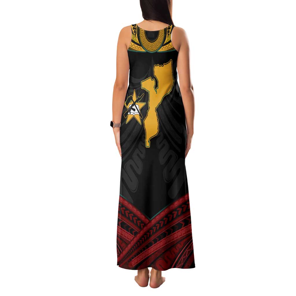 Mozambique Tank Maxi Dress with Black Red Tribal Design and National Map Pattern - Wonder Print Shop
