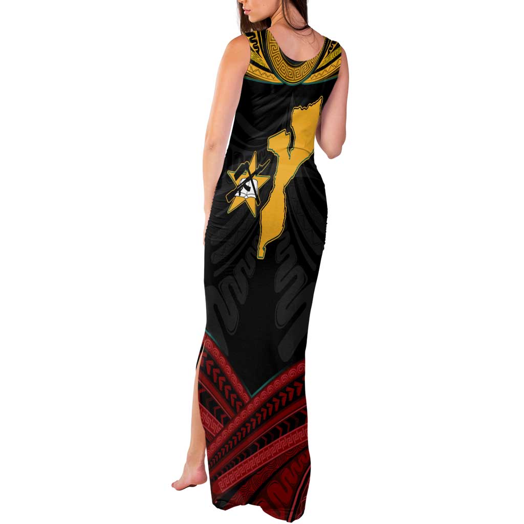 Mozambique Tank Maxi Dress with Black Red Tribal Design and National Map Pattern - Wonder Print Shop
