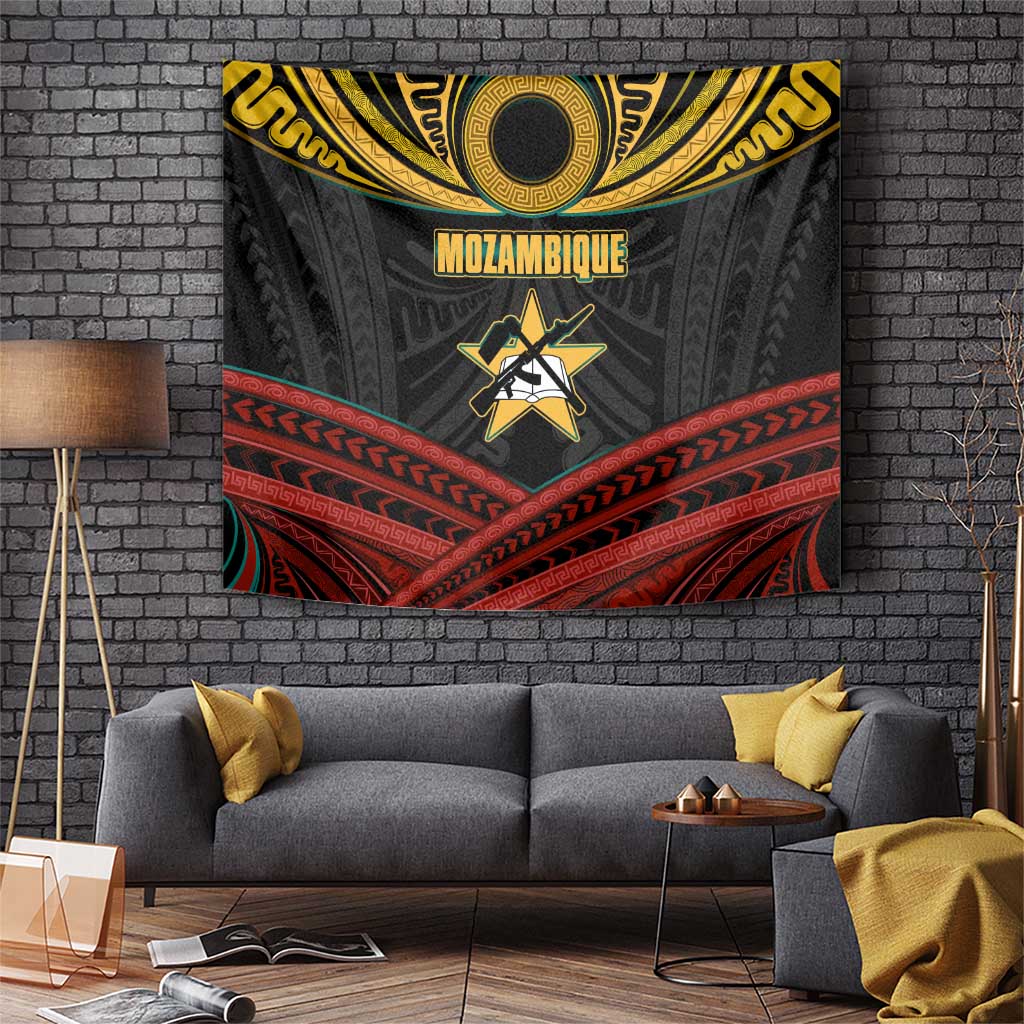 Mozambique Tapestry with Black Red Tribal Design and National Map Pattern - Wonder Print Shop