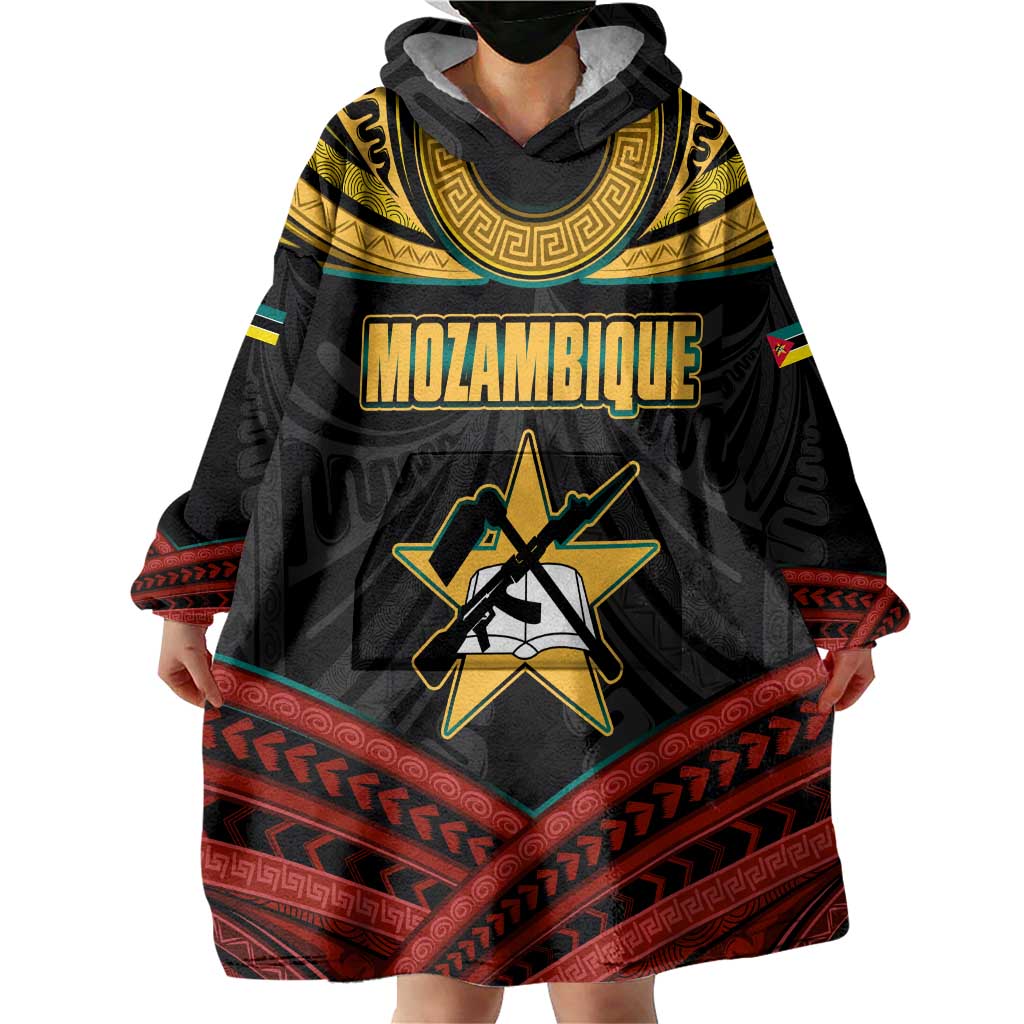 Mozambique Wearable Blanket Hoodie with Black Red Tribal Design and National Map Pattern - Wonder Print Shop
