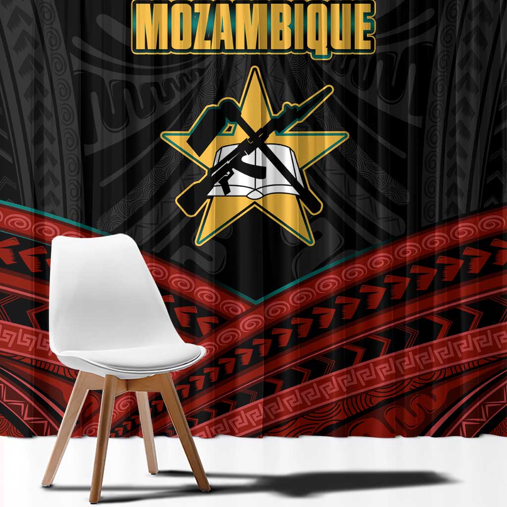 Mozambique Window Curtain with Black Red Tribal Design and National Map Pattern - Wonder Print Shop