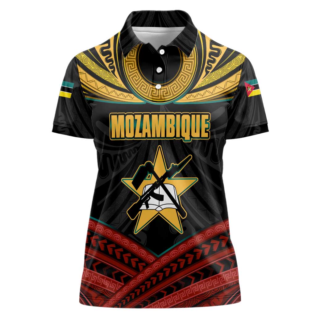 Mozambique Women Polo Shirt with Black Red Tribal Design and National Map Pattern - Wonder Print Shop