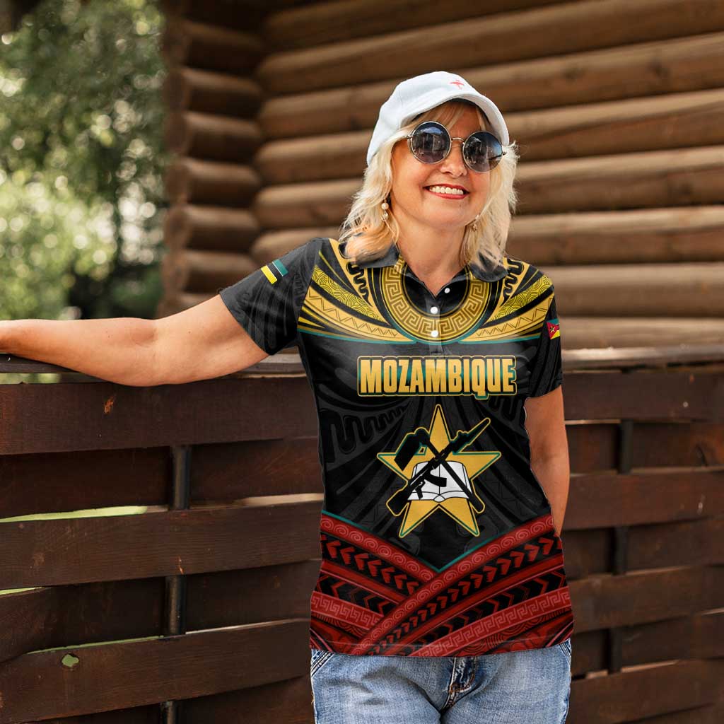 Mozambique Women Polo Shirt with Black Red Tribal Design and National Map Pattern - Wonder Print Shop
