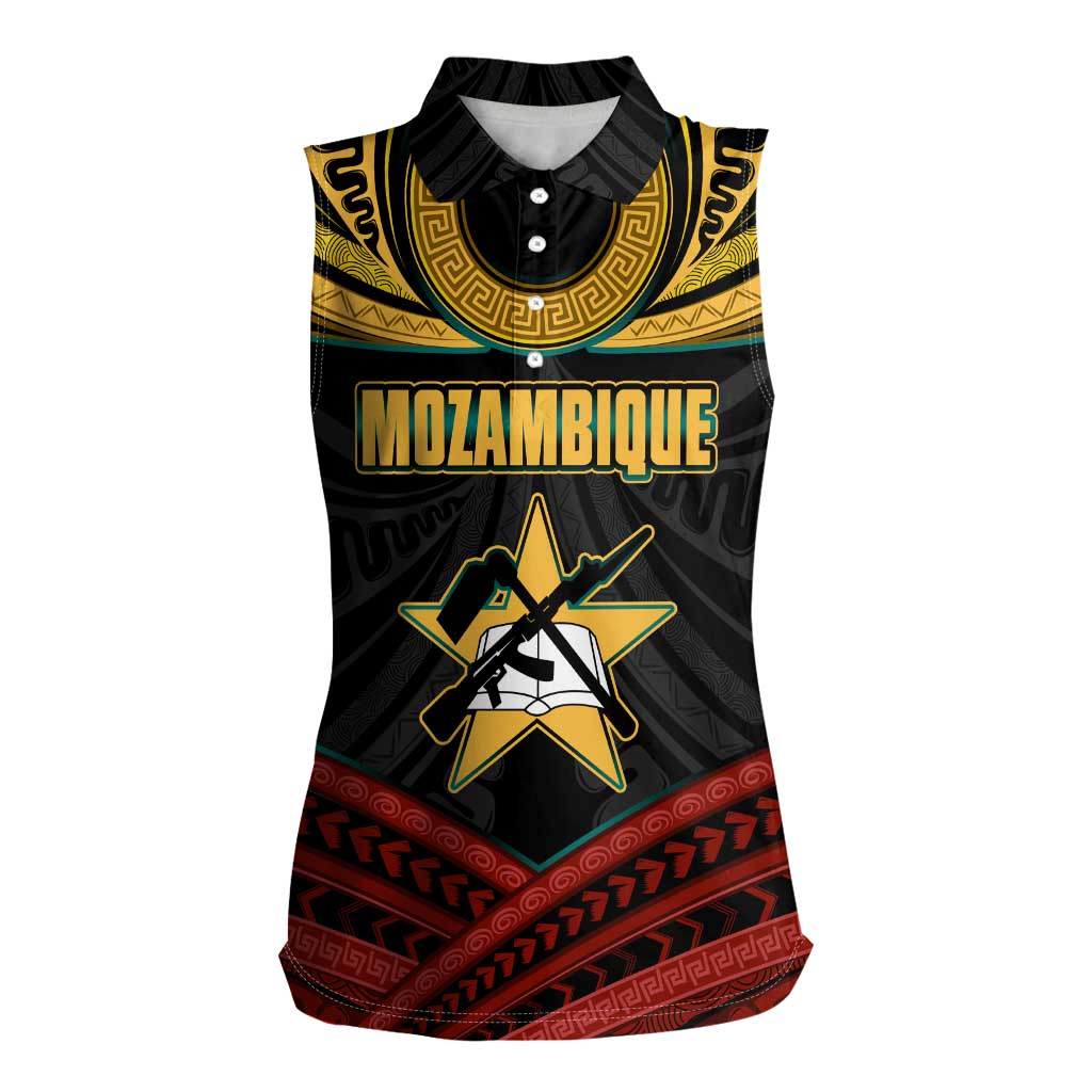 Mozambique Women Sleeveless Polo Shirt with Black Red Tribal Design and National Map Pattern - Wonder Print Shop