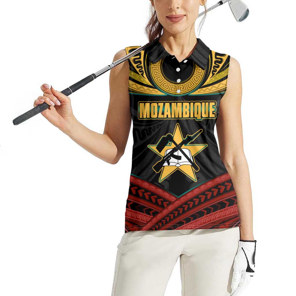Mozambique Women Sleeveless Polo Shirt with Black Red Tribal Design and National Map Pattern - Wonder Print Shop