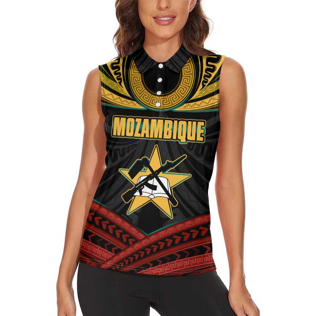 Mozambique Women Sleeveless Polo Shirt with Black Red Tribal Design and National Map Pattern - Wonder Print Shop