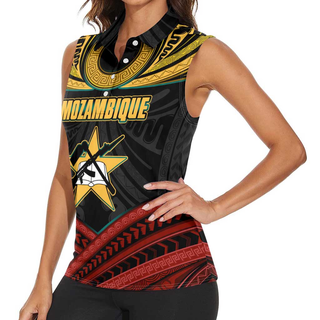Mozambique Women Sleeveless Polo Shirt with Black Red Tribal Design and National Map Pattern - Wonder Print Shop
