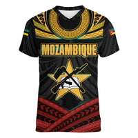 Mozambique Women V-Neck T-Shirt with Black Red Tribal Design and National Map Pattern - Wonder Print Shop