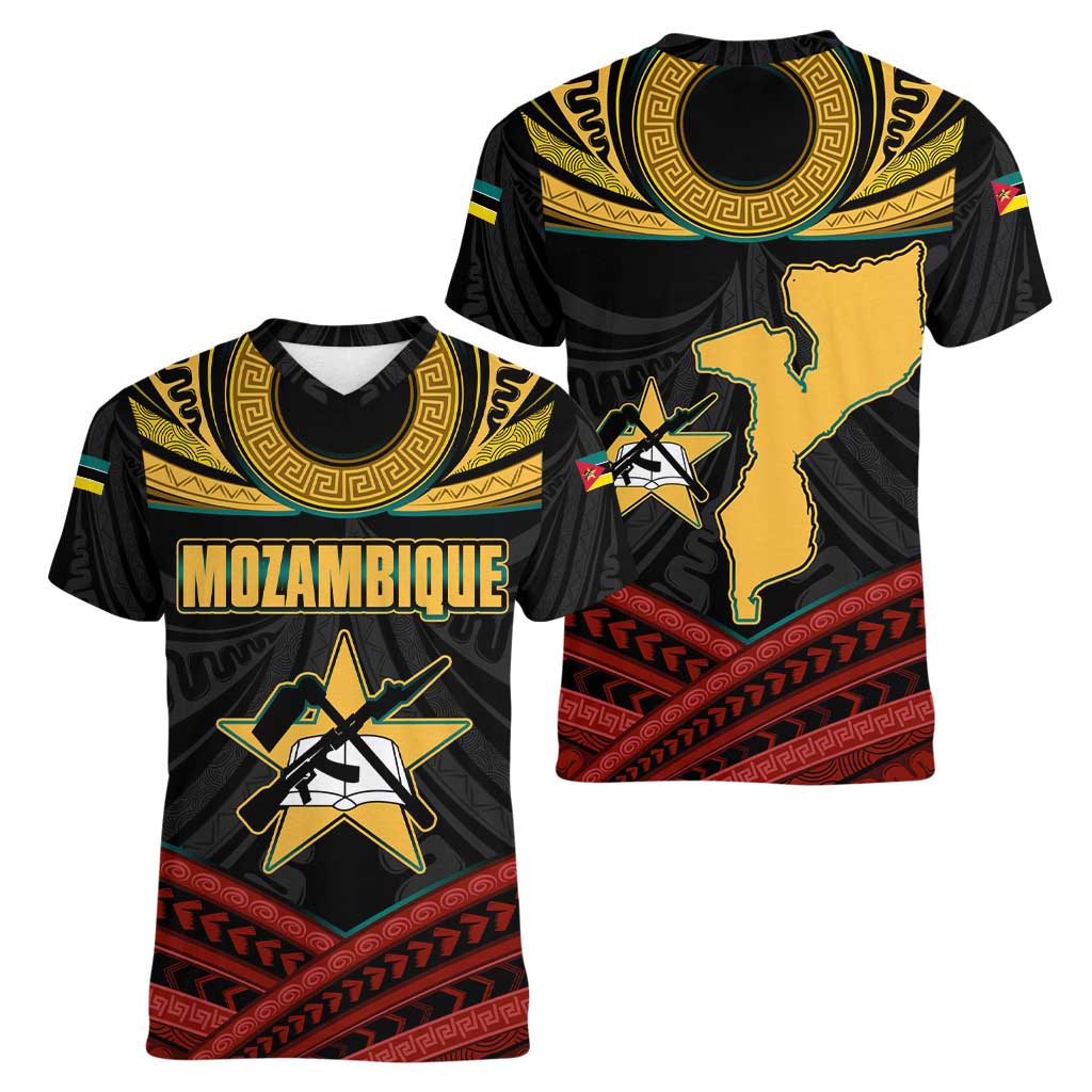 Mozambique Women V-Neck T-Shirt with Black Red Tribal Design and National Map Pattern - Wonder Print Shop