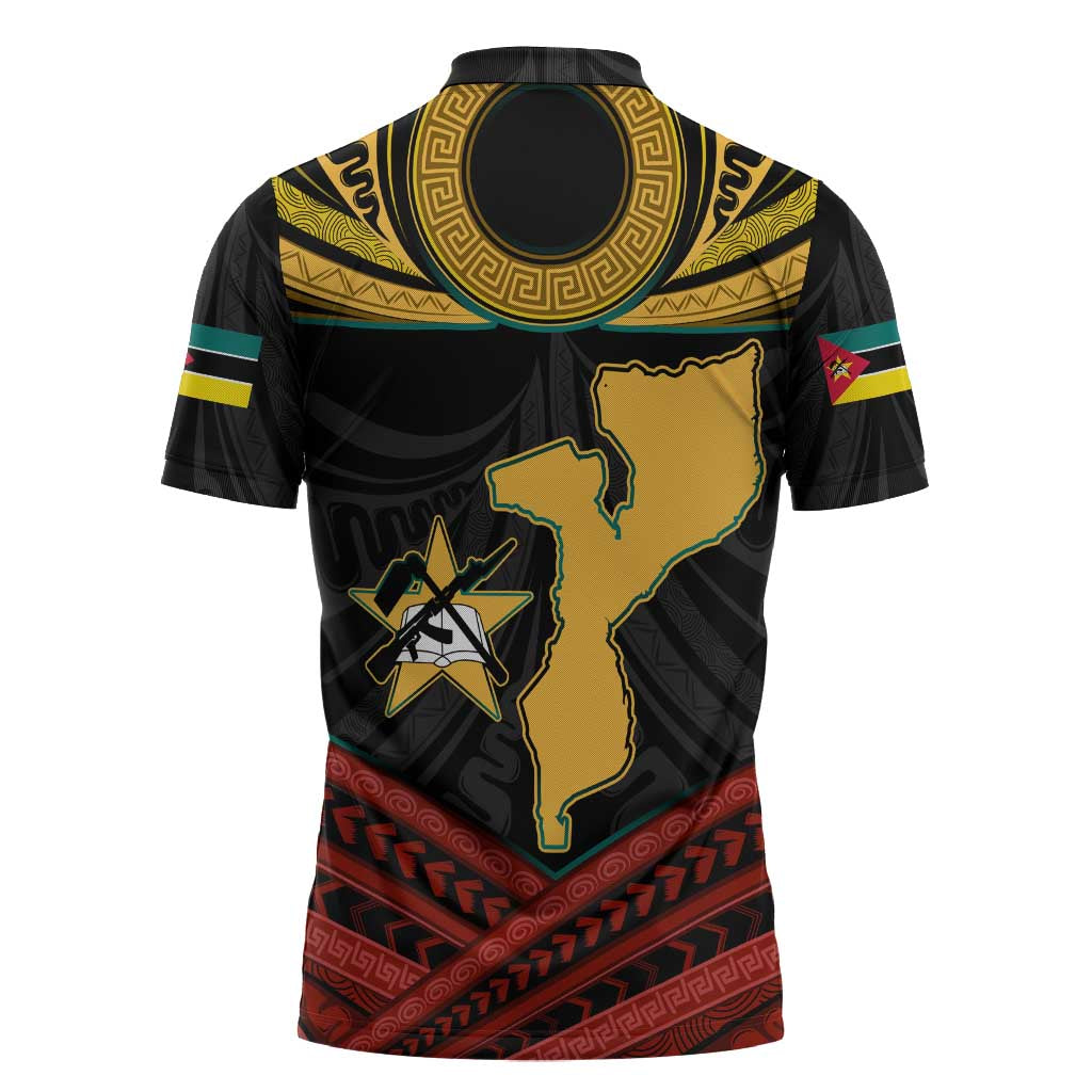 Mozambique Zipper Polo Shirt with Black Red Tribal Design and National Map Pattern - Wonder Print Shop