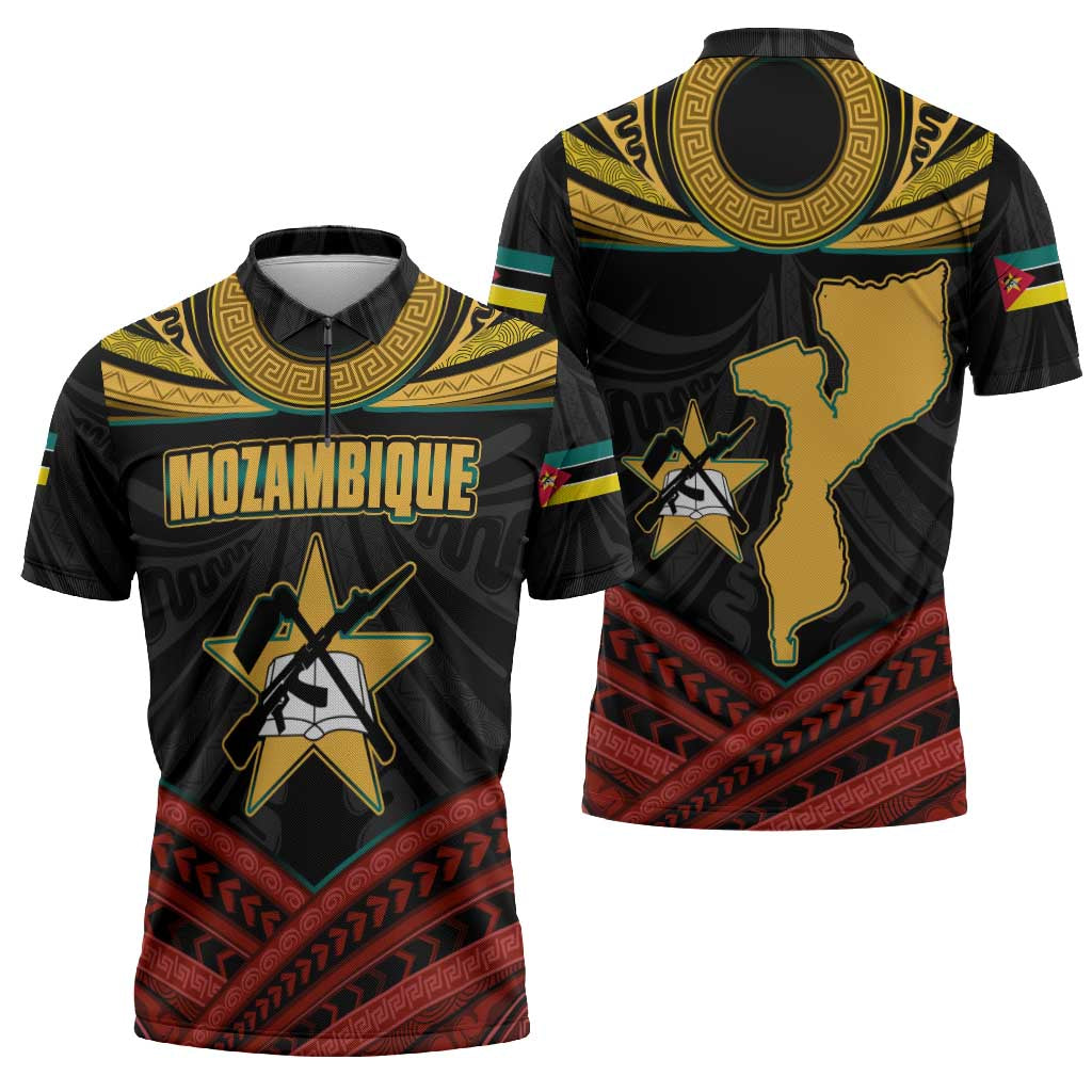 Mozambique Zipper Polo Shirt with Black Red Tribal Design and National Map Pattern - Wonder Print Shop