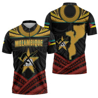 Mozambique Zipper Polo Shirt with Black Red Tribal Design and National Map Pattern - Wonder Print Shop