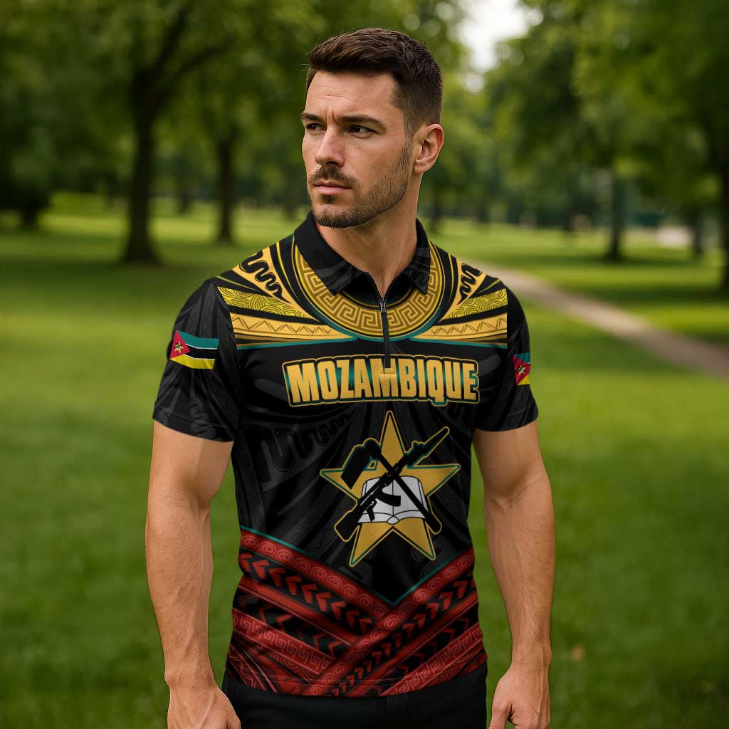 Mozambique Zipper Polo Shirt with Black Red Tribal Design and National Map Pattern - Wonder Print Shop
