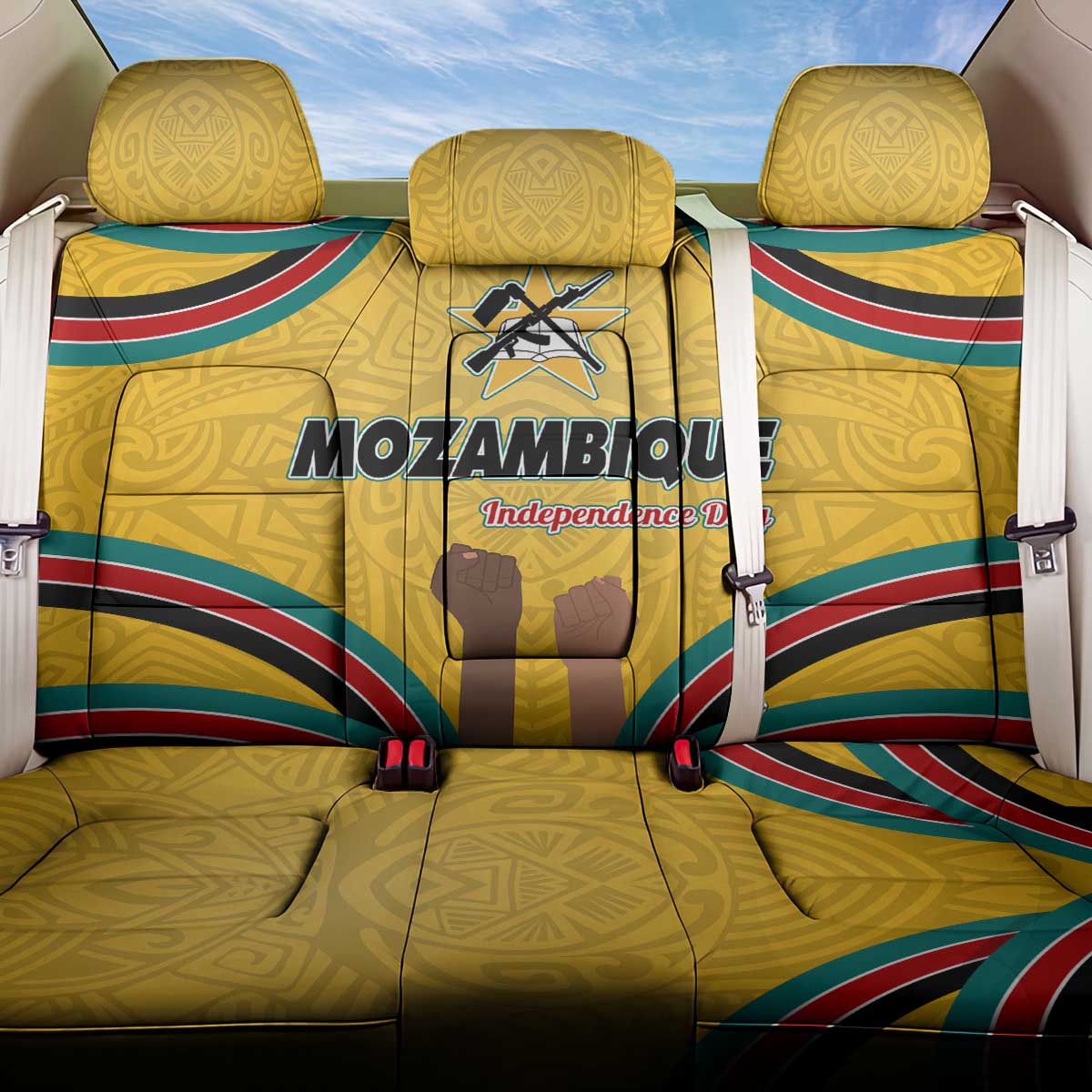 Mozambique Back Car Seat Cover with Yellow Red Green Swirl Design and Independence Day - Wonder Print Shop