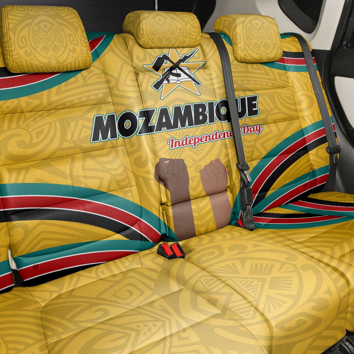 Mozambique Back Car Seat Cover with Yellow Red Green Swirl Design and Independence Day - Wonder Print Shop